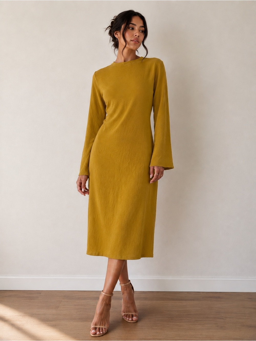 SHEIN Mustard Long Sleeve Midi Dress